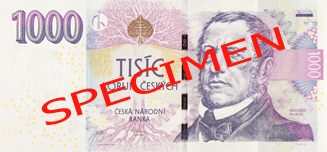 České bankovky – 1000 Kč (tisícovka, tisícikorun, nebo lidově i „litr“) : lícová strana