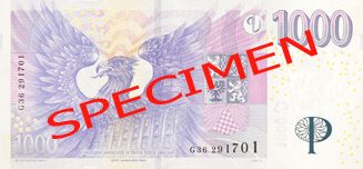 České bankovky – 1000 Kč (tisícovka, tisícikorun, nebo lidově i „litr“) : rubová strana